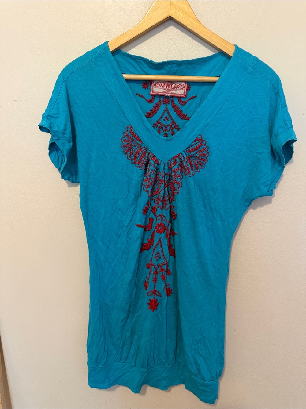 Turquoise V-Neck Short Sleeve Top with Red Embroidery